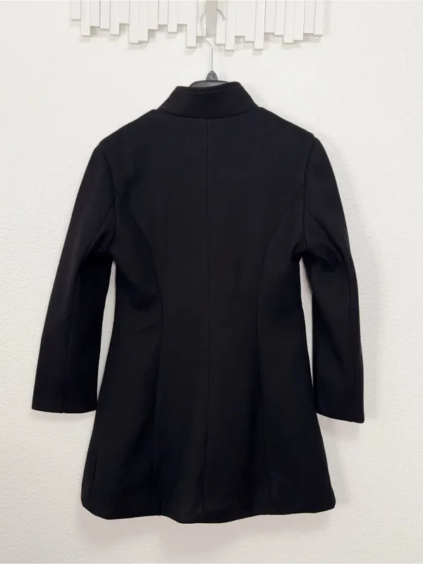 FME Black Longline Coat Stand Collar Button Front Tailored Jacket Minimalist - Image 7