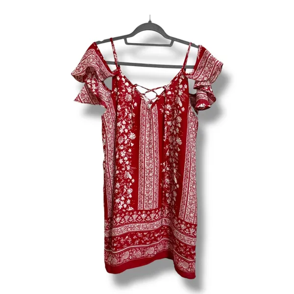 Charlotte Russe Red White Floral Cold Shoulder Lace Up Mini Dress‎ Size Medium - Image 3