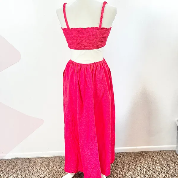 Seven Wonders‎ Red Smocked Midi Dress Womens Medium Pockets Beach Vacation - Image 3