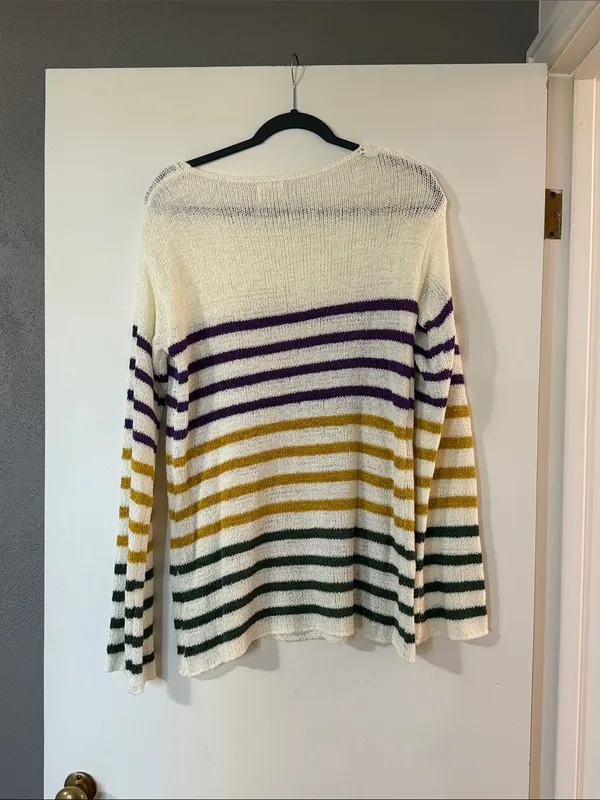BiBi Cream Crewneck Sweater with Purple, Gold and Green Stripes - Image 4
