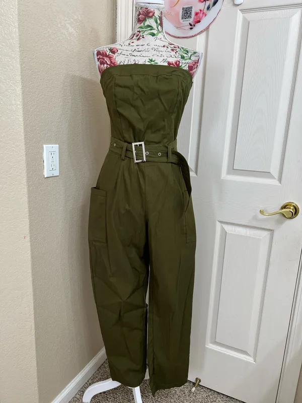 NWT Bar III Strapless Belted Utility Jumpsuit Olive Green Size Small - Image 2
