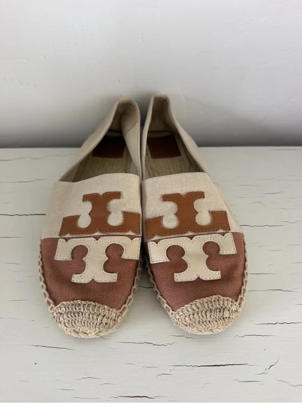 Tory Burch Double T Logo Canvas Espadrille Flats Brown Cream Size 9 - Image 2