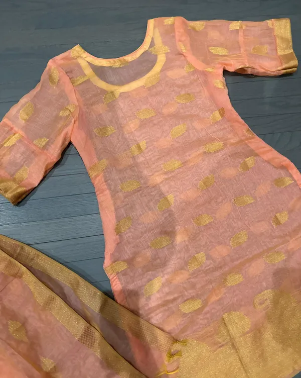 Indian Pakistani New Light Peach & Gold Organza Cotton Blend Stitched 2pc Suit - Image 2