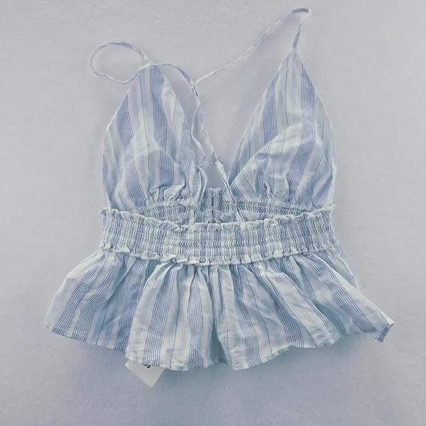 Urban Outfitters -1851 NWT Out From Under Blue Striped‎ Cami Crop Top Smocked Ruffle Hem Small - Image 3