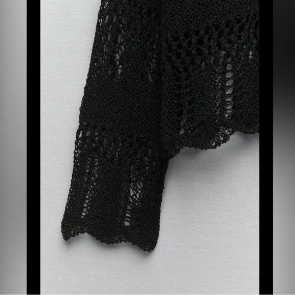 ZARA Black Crocheted Open Knit Scalloped Crewneck Sweat Small - Image 6