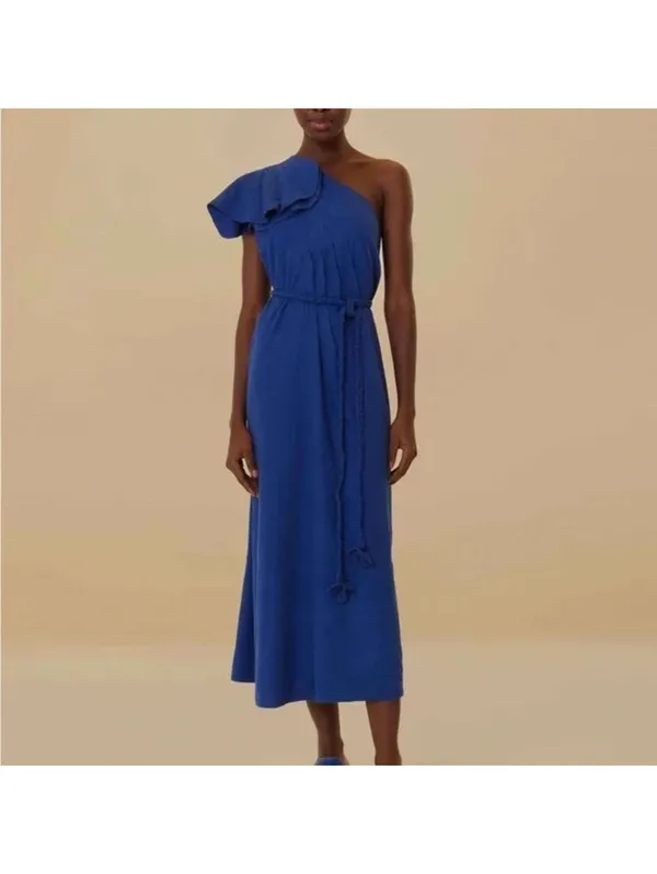 NWT FARM Rio Navy Blue One Shoulder Asymmetrical Ruffled Midi Sundress XS - Image 2