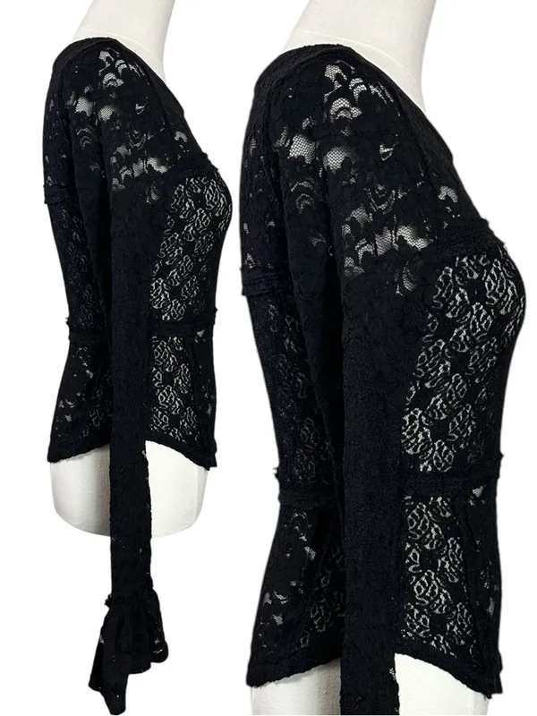 Free People Witchy Victorian Sheer Lace Flared Long Sleeve Top Black Small NWT - Image 6