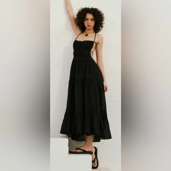 NEW Free People Taking Sides Tiered Cotton Maxi summer Dress Black sz XS - Image 5