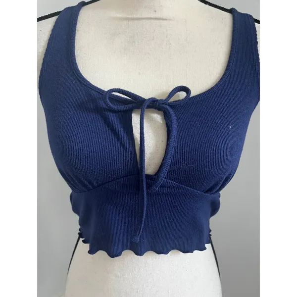Forever 21 Y2K Ribbed Knit Crop Top Small Lettuce Hem Navy Blue Soft Girl Indie Festival - Image 3