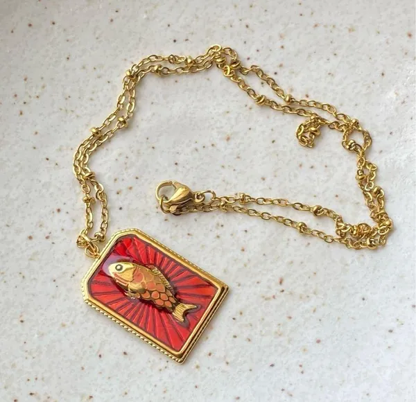 Handmade gold tone stainless steel & enamel fish necklace 🐟🌀 - Image 5