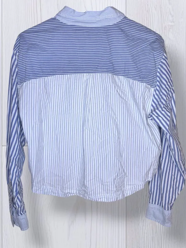 AMERICAN EAGLE Mixed Stripe Cropped Button-Up Shirt | Blue & White - Image 4