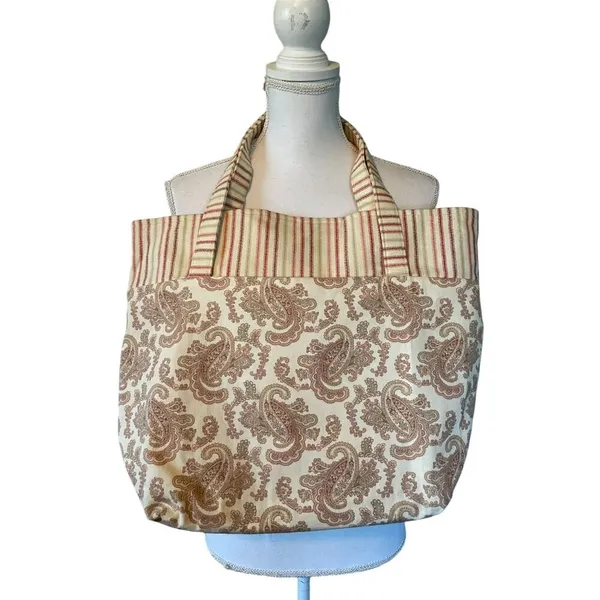 Fabric Tote Used Striped Paisley Gingham Red Beige Excellent Condition - Image 3