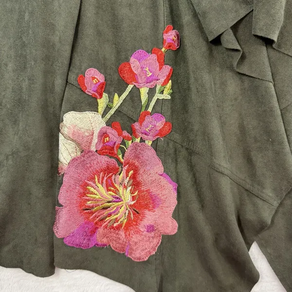 V Christina M Medium Cardigan Jacket Faux Suede Moss Green Floral‎ Embroidered - Image 4