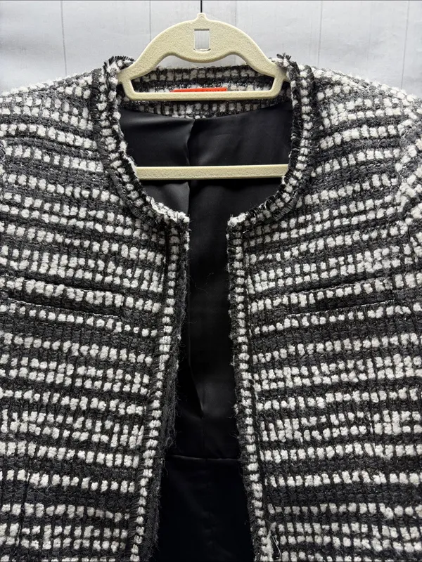 Alice + Olivia Luci Black Gray White Silver Metallic Tweed Jacket Blazer Large - Image 4