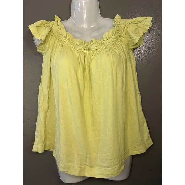 Free People Blouse Womens 10 Yellow Off Shoulder Flutter Sleeve Linen Tunic - Image 2