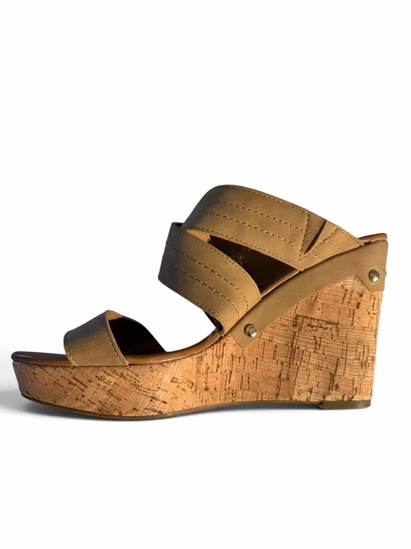 Tommy Hilfiger Tan Cork Wedge Sandals Gold Logo Size 10M - Image 5