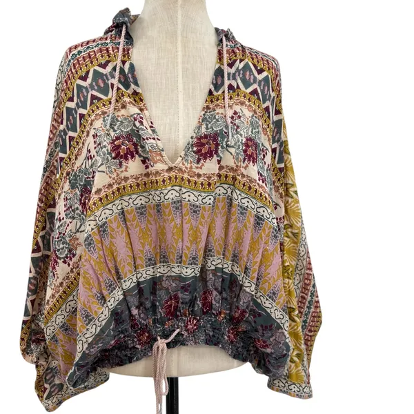 Free People Hold‎ On Tight Gauze Pullover Top Hooded Floral Paisley XS Small - Image 5