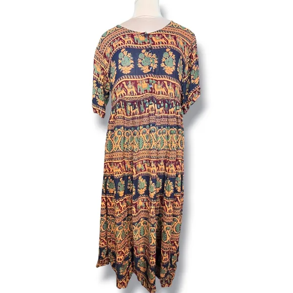 Vintage 90s Rayon Elephant Camel Print Boho Crinkle Maxi Dress Eclectic Artsy - Image 9