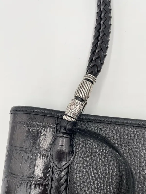 Vintage Brighton Black Pebbled Leather Croc Embossed Shoulder Bag Bucket Tote - Image 4