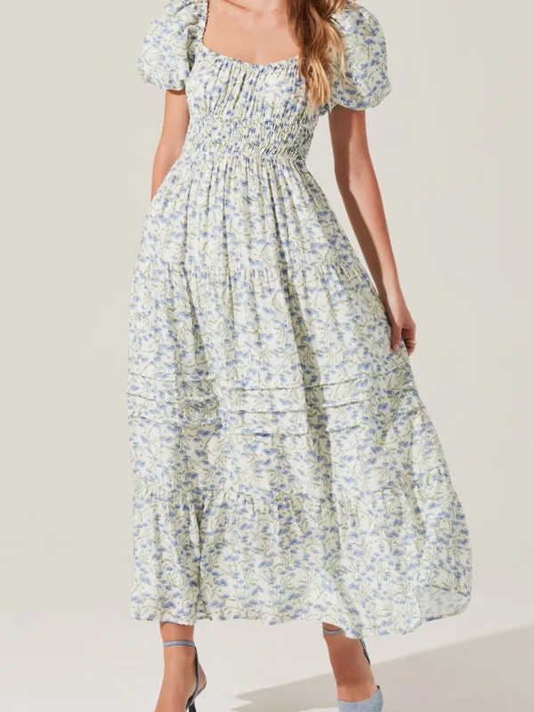 Astr Floral Smocked Maxi Dress in Light Blue and Cream - Image 4