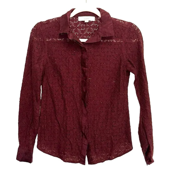 LOFT Burgundy‎ Lace Button Up Blouse XS Sheer Long Sleeve Feminine Top - Image 2