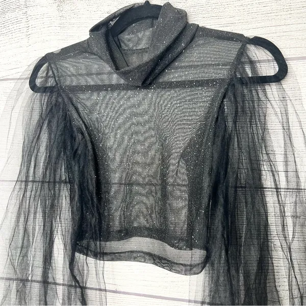 Sheer Black Sparkle Mesh Long Tulle Sleeve Crop Top Size Small - Image 3