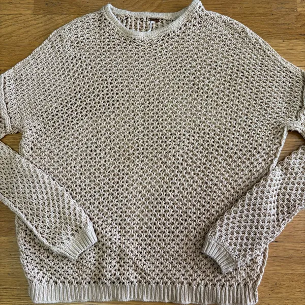 Free People Neutral Chunky Open Knit Fisherman Slouchy Coastal Preppy Sweater S - Image 2