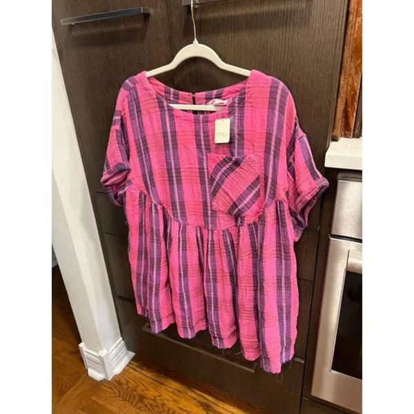 Free People We the free Women's Pink Moon City Plaid Top medium nwt‎ - Image 2