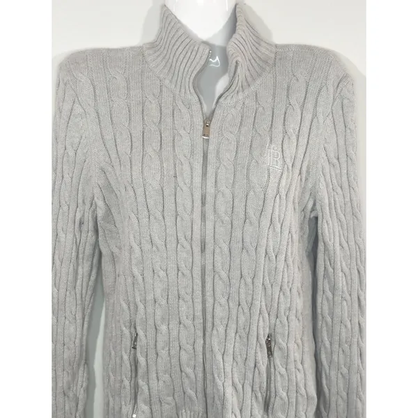 Lauren Ralph Lauren Light‎ Gray Cable Knit Zip Up Sweater Womens MED CabinCore - Image 4