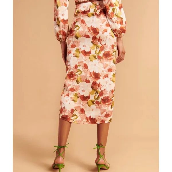 Abercrombie‎ & Fitch Womens Floral Ruched Satin Side Slit Midi Skirt Orange - Image 7