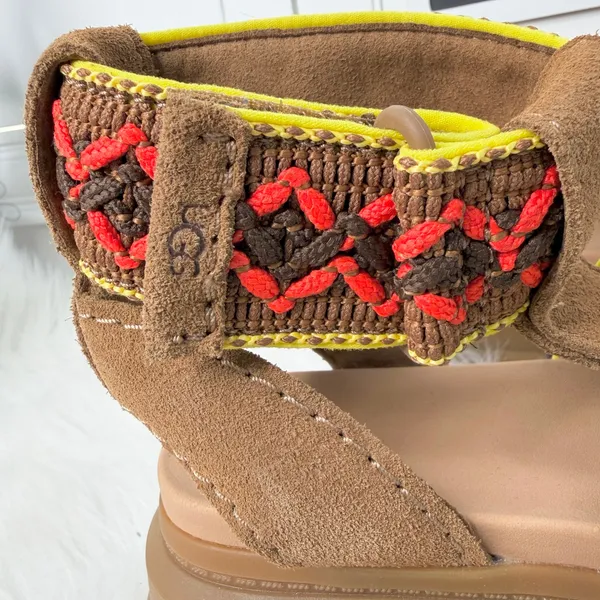 New UGG Ashton Heritage Braid Brown Suede Neon Trim Platform Sandals Size 7 - Image 3