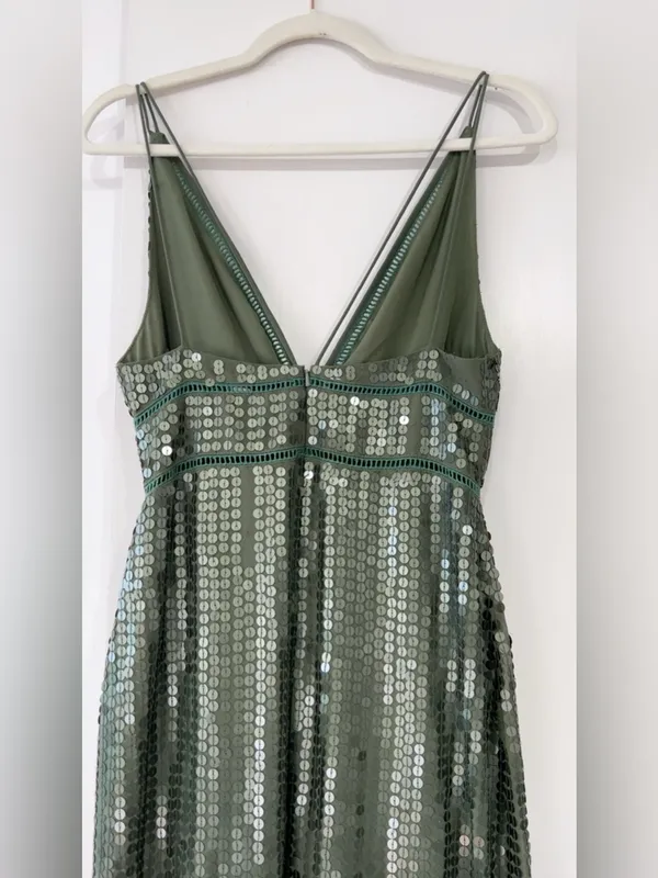 ASOS Olive Green Sequin Maxi Dress Deep V Front Slit Glam Evening Gown US 6 - Image 5