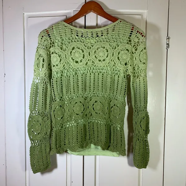 Uniform John‎ Paul Richard Green Crochet Lace Knit Long Sleeve Sweater Top Smal - Image 2