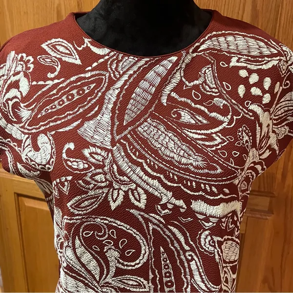 ZARA Paisley Textured Print Mini Shift Dress Burnt‎ Brick & White Size Small - Image 9