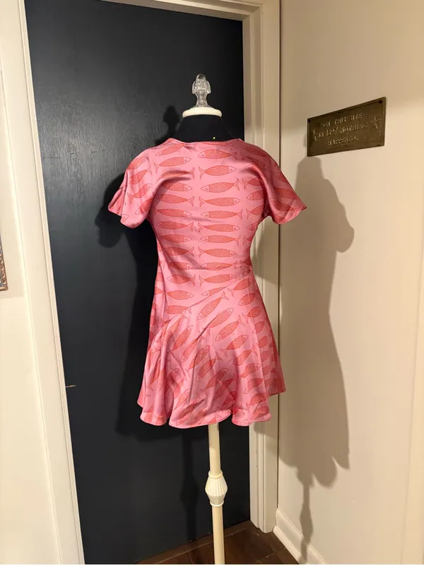 Anthropologie Pink Fish-Print V-Neck Mini Dress in Silky Satin - Image 4
