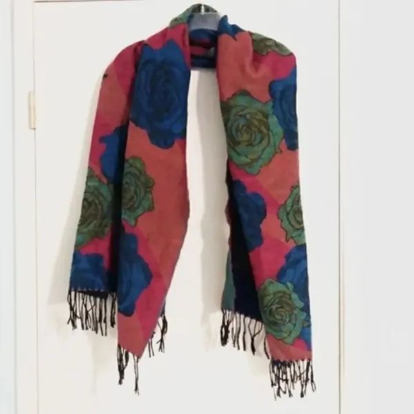 Rose Patterned Colorful Fringed Scarf/ Shawl Pink - Image 2