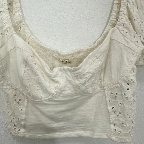 Billabong Festival Cropped‎ Eyelet Puff Sleeves Sweetheart Neckline Summer White - Image 8