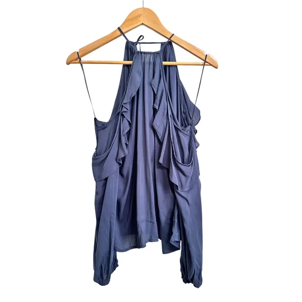 Abercrombie & Fitch Women's Cold Shoulder Ruffle Long Sleeve Top‎ blue Large - Image 2