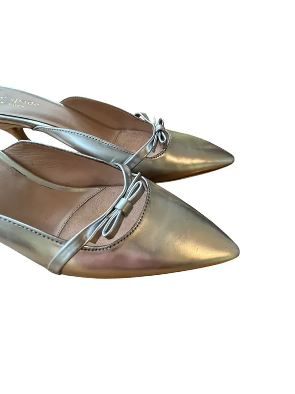 Kate Spade New York Silver Metallic Pointed Toe Kitten Mules 7.5 W/Bow Detail - Image 2