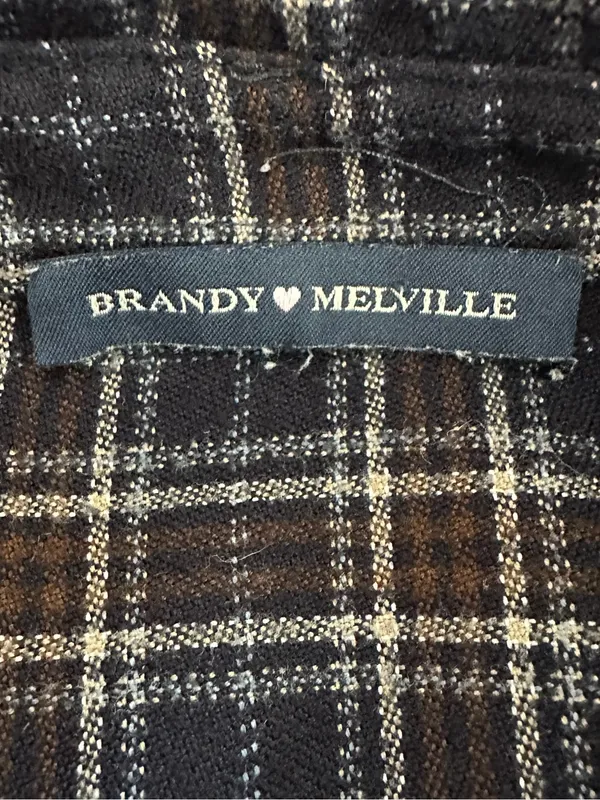 Brandy Melville Plaid Button Down Long Sleeve Shirt Navy Brown One Size - Image 4