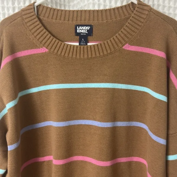 Lands End Women's Drifter Easy Fit Sweater Honey Beige Multi Stripe Large Cotton - Image 5
