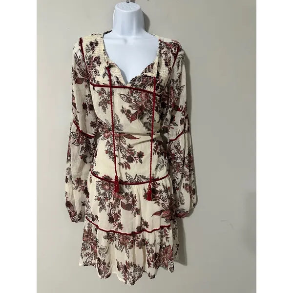 GREAT JONES Boho Floral Print Tiered Mini Dress Tassels Velvet Trim SIZE‎ L - Image 5