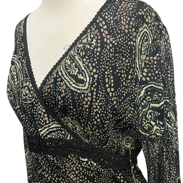 ICE Y2K Silk Babydoll Top Womens L Black Abstract Paisley Lined Whimsigoth Boho‎ - Image 3