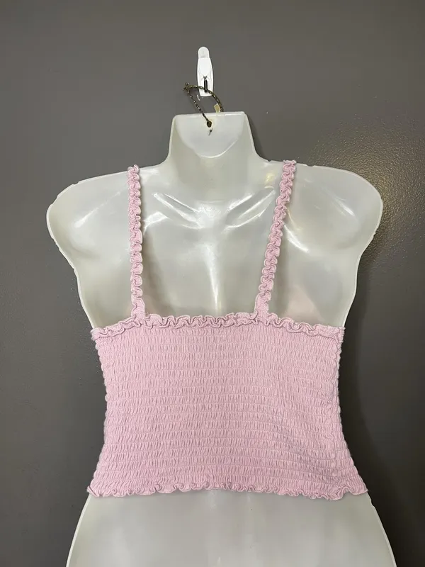Hollister Tank Top Womens Small Pink Smocked Ruffle Strap Cropped Cami Summer - Image 4