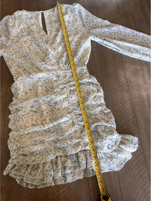 MABLE Ruffle Ivory / Blue Floral Puff Sleeve Rouched Mini Dress Women’s Small - Image 10