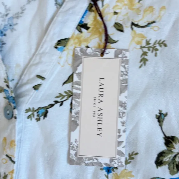 Laura Ashley Linen Blend Floral Midi Dress White Blue Yellow Button Front Size S - Image 3