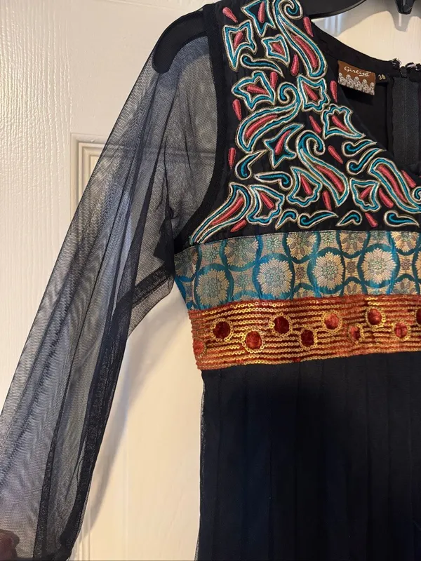 Girlish Embroidered Mesh Fit & Flare Dress Size 36 Black Boho Beaded - Image 6