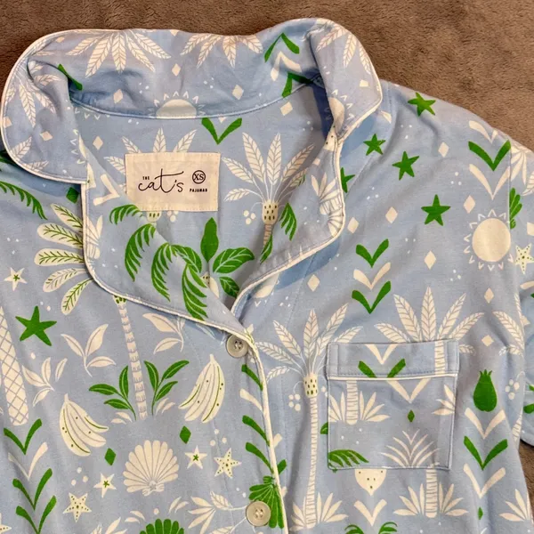 The Cat's Pajamas PJ Set Womens XS Blue Tropicana Palm Pima Cotton Lounge - Image 4