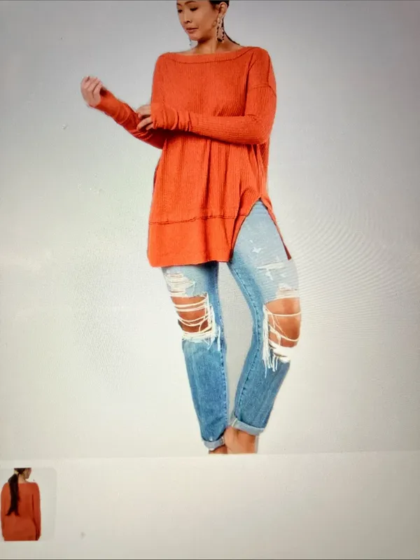 We The Free Off-the-Shoulder Oversized coral waffle knit Sweater - Image 2