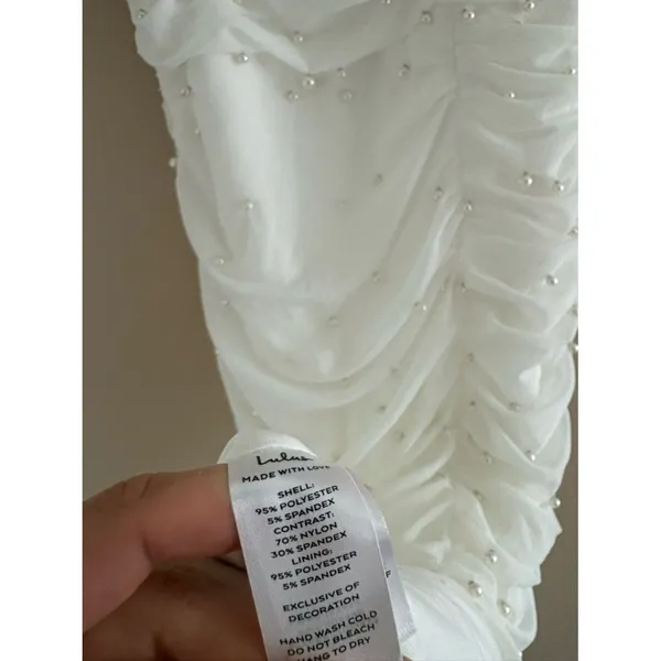 Lulus Toast to Romance White Ruched Pearl Bodycon Midi Dress Size Small Bridal - Image 10